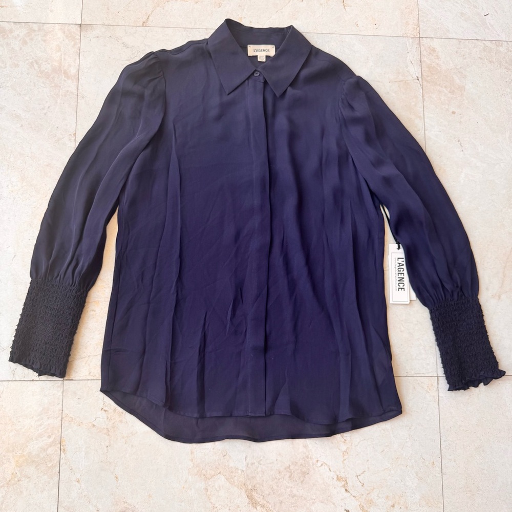 L’Agence Lucien Diamond Navy Blue Silk Blouse size S - Picture 2 of 9